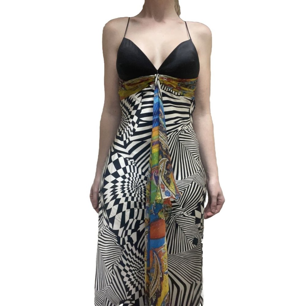 Mary L Couture Maxi Dress Size 6 Black And White Geometric Scarf Multicolor Stra